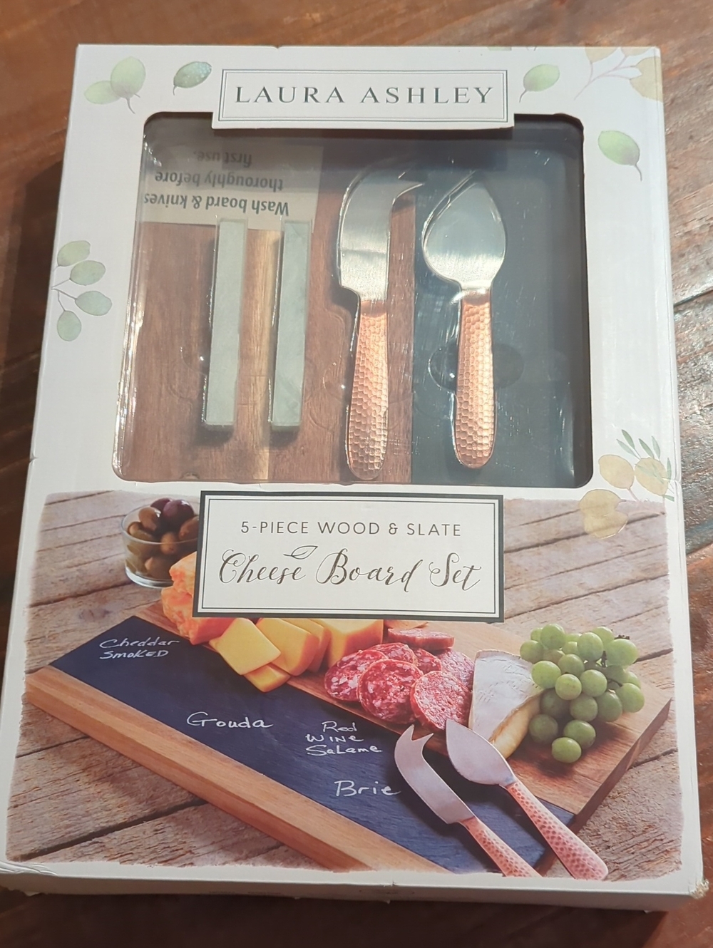 Laura Ashley Wood & Slate Cheese Charcuterie Board Set with Copper-Tone Handles